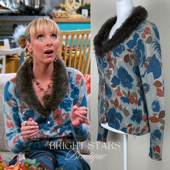 Extremely Rare Faux Fur Trim Cardigan ASO Phoebe Buffay Friends Alt Lorelai - Picture 2 of 12